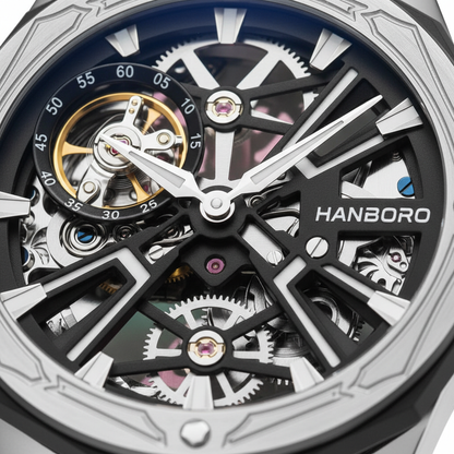 Close-up of a Hanborough watch with intricate mechanical design