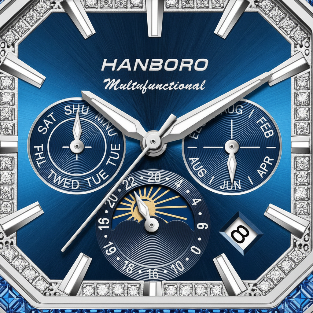 Close-up of a Hanborough multifunctional watch face with blue background and diamond accents.