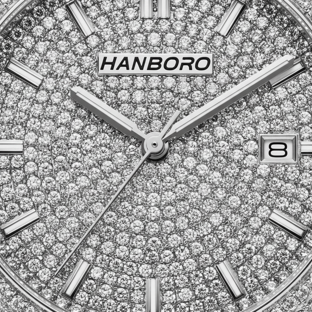 Close-up of a Hanborough watch face with diamond-studded design