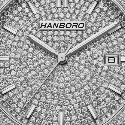 Close-up of a Hanborough watch face with diamond-studded design