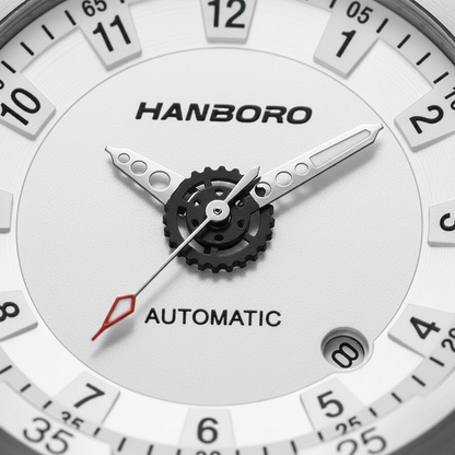 Close-up of a Hanborough watch face with visible mechanism