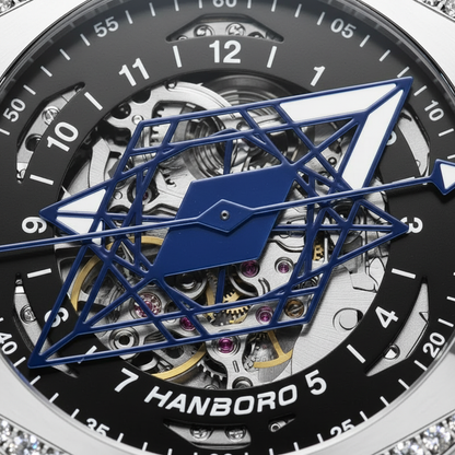 HANBORO 996-1 - Mechanica - dial close-up, blue hands, exposed movement
