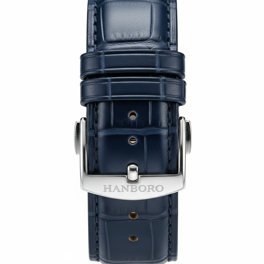 Close-up of a blue watch strap with silver buckle on a white background