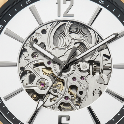 Close-up of a mechanical watch face with intricate gears and components.