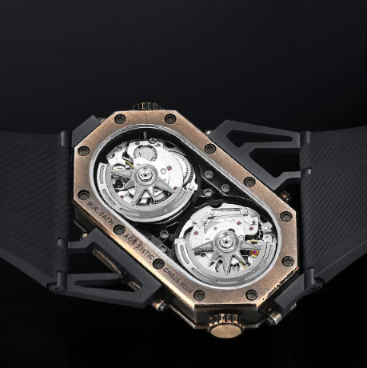 Close-up of a mechanical watch with intricate details on a dark background