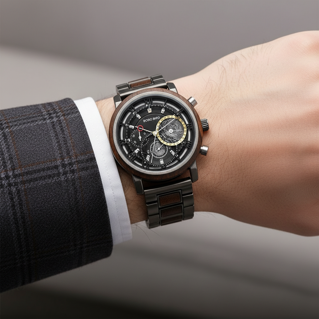 Close-up of a person wearing a detailed wristwatch with a gray background