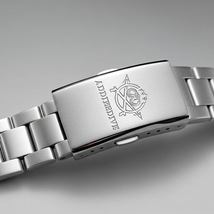 Close-up of a silver watch band with an engraved logo on a gray background