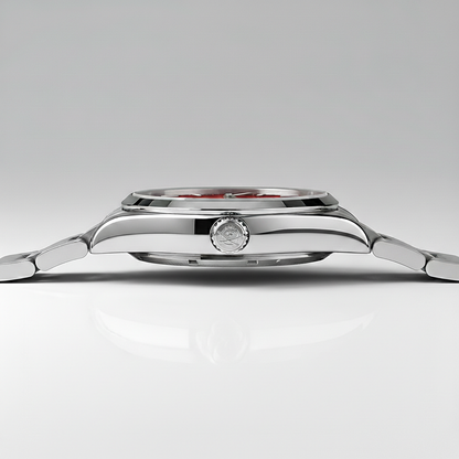 Close-up of a silver watch on a light gray background
