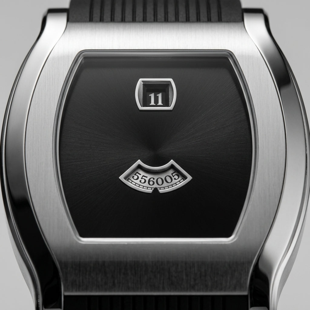 Close-up of a silver watch with a black face and date display on a gray background