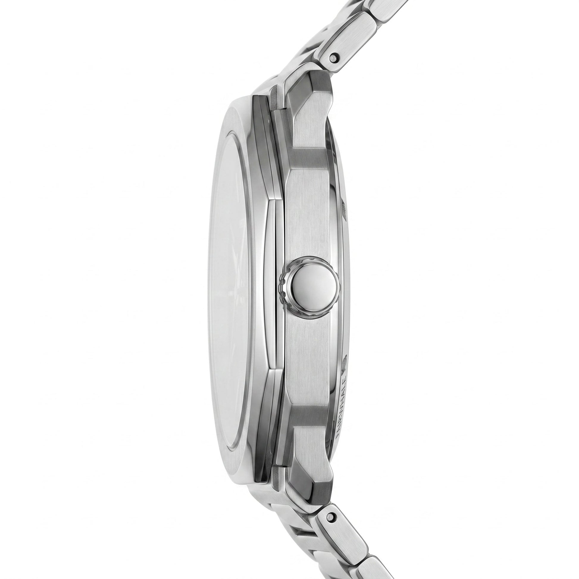 Close-up of a silver watch with a white background