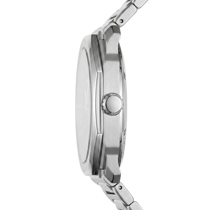 Close-up of a silver watch with a white background