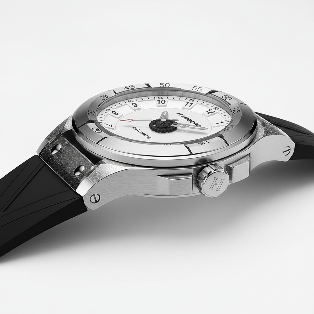 Close-up of a silver watch with a black strap on a white background