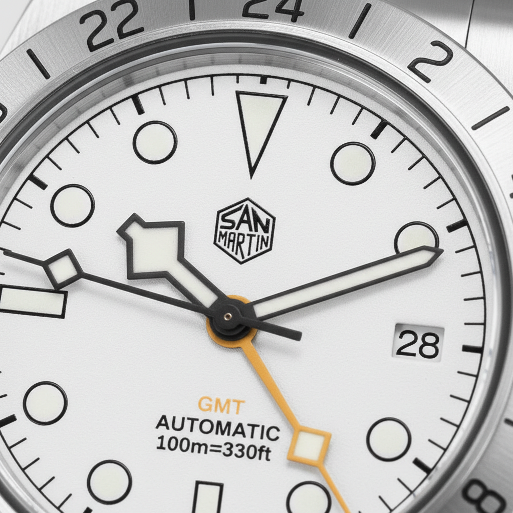 Close-up of a watch face with 'San Martin' brand logo and GMT automatic features.