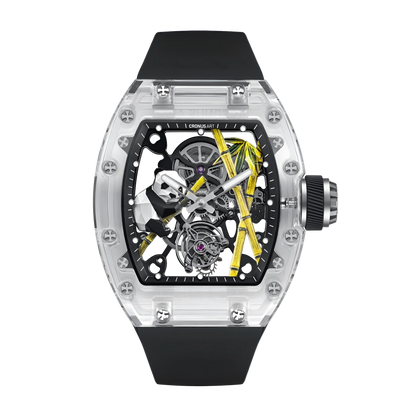 Cronusart CM08 030 Panda sapphire tourbillon watch front view with transparent sapphire case and black fluororubber strap