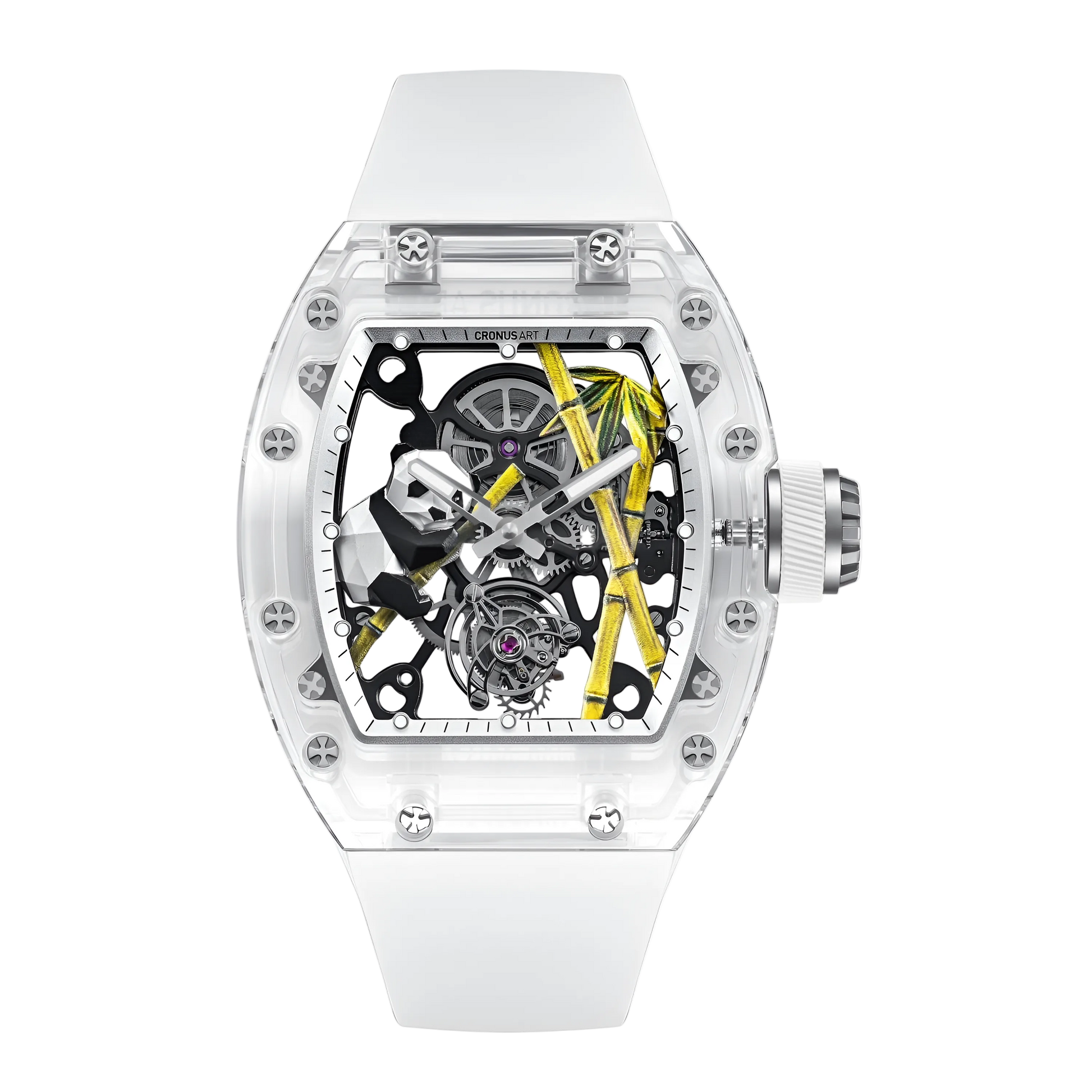Cronusart CM08 030 Panda sapphire tourbillon watch front view with transparent sapphire case and black fluororubber strap