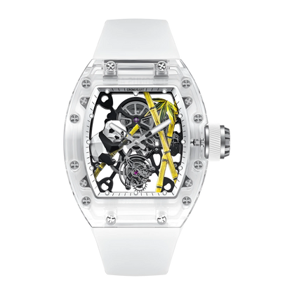 Cronusart CM08 030 Panda sapphire tourbillon watch front view with transparent sapphire case and black fluororubber strap