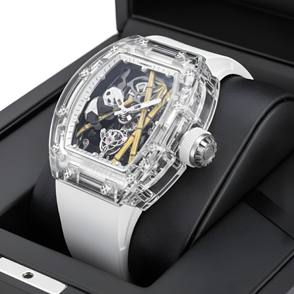 Cronusart CM08 030 Panda sapphire tourbillon watch in luxury box on cushion with transparent sapphire case and white strap