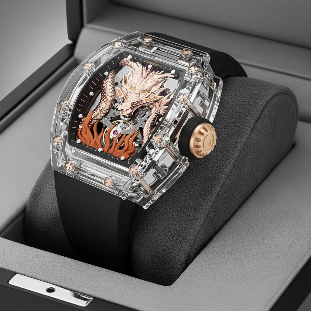 Cronusart CM001-058 3D dragon automatic watch displayed in its presentation box with transparent case and dragon dial