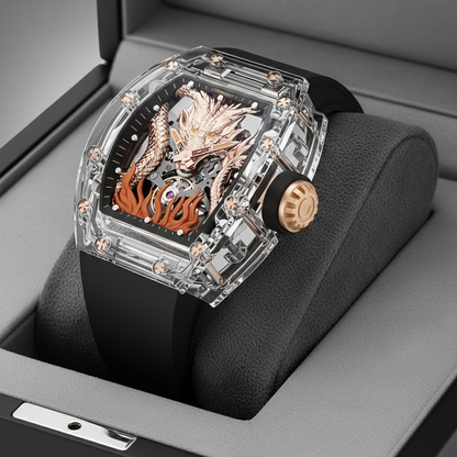 Cronusart CM001-058 3D dragon automatic watch displayed in its presentation box with transparent case and dragon dial