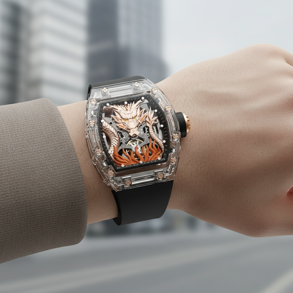Front view of the Cronusart CM001-058 3D dragon automatic watch with transparent acrylic case and sculpted dragon skeleton dial