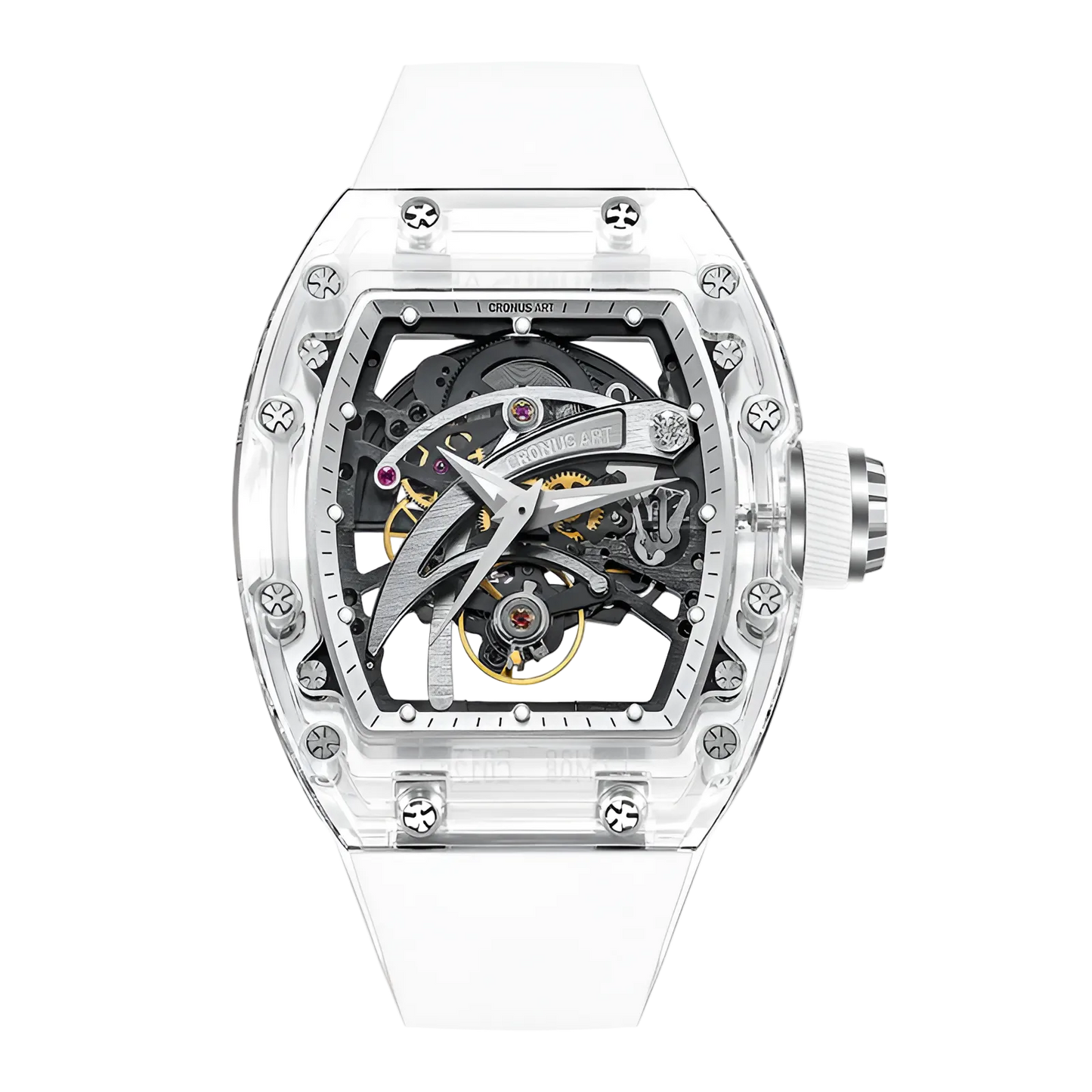 Cronusart CM08-010 - Transparent automatic skeleton watch with clear acrylic case and turbine blade dial front view