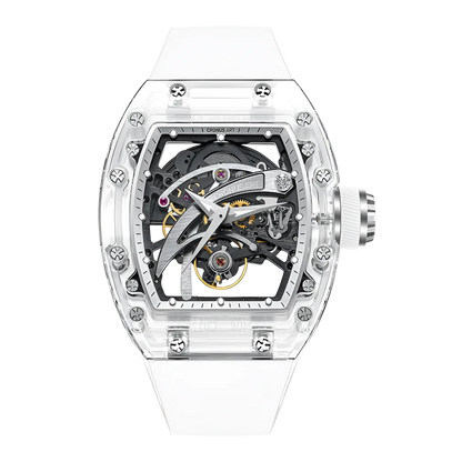 Cronusart CM08-010 - Transparent automatic skeleton watch with clear acrylic case and turbine blade dial front view