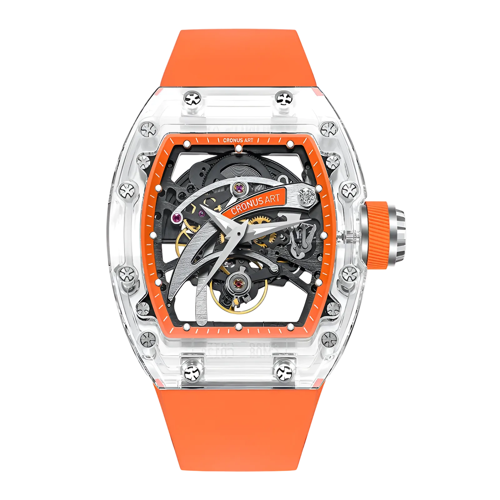 Cronusart CM08-010 - Transparent automatic skeleton watch with blade dial and orange fluororubber strap front view on white background
