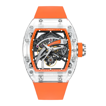 Cronusart CM08-010 - Transparent automatic skeleton watch with blade dial and orange fluororubber strap front view on white background