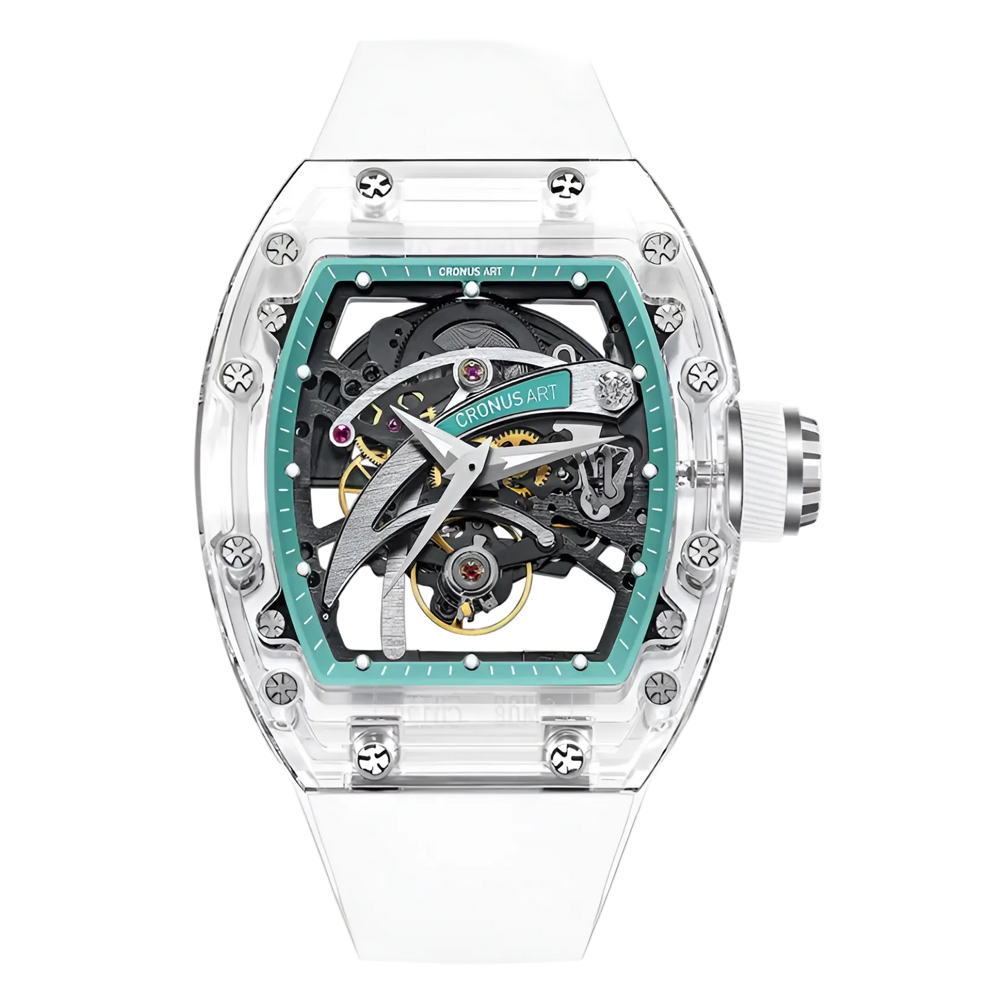 Cronusart CM08-010 - Transparent automatic skeleton watch featuring turquoise inner bezel and open blade dial front view