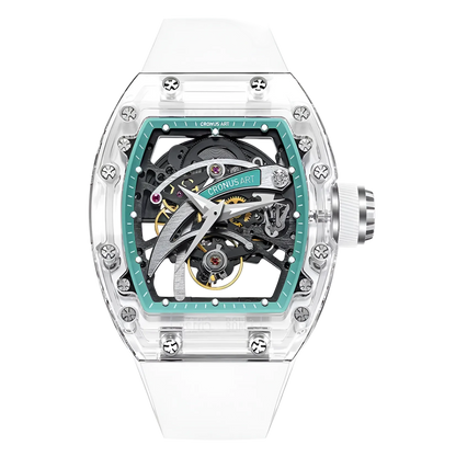 Cronusart CM08-010 - Transparent automatic skeleton watch featuring turquoise inner bezel and open blade dial front view