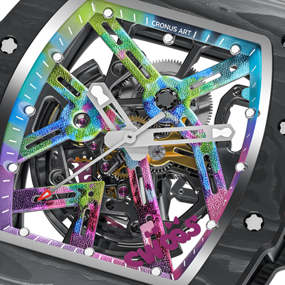 Cronusart CM002-017 Men Automatic Watch - Carbon Fiber close-up colorful dial skeleton