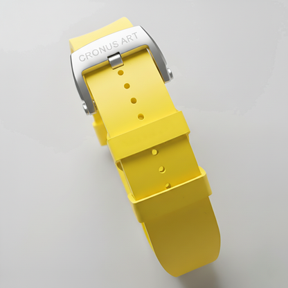CronusArt CM08-053 Yellow watch strap with silver buckle on a light gray background