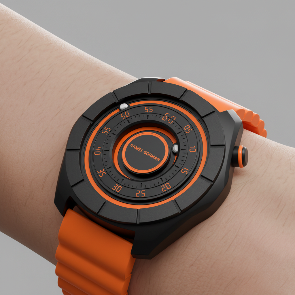 Daniel Gorman Dg0788 - Wrist wearing a black and orange watch with a gray background