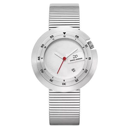 Daniel Gorman DG9317 - Silver watch with a white face and red second hand on a white background