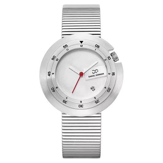 Daniel Gorman DG9317 - Silver watch with a white face and red second hand on a white background