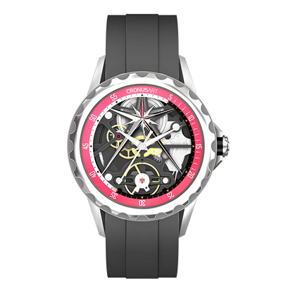 Cronusart CM05-06A - Automatic skeleton watch with black rubber strap and red bezel, hollow out mechanical dial