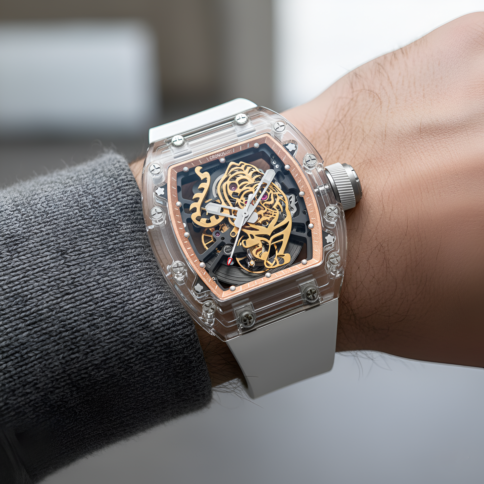 CRONUSART CM001-002 tiger skeleton automatic watch worn on wrist showing oversized tonneau case