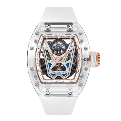Front view of the CRONUSART CM001-037 automatic skeleton mechanical watch with transparent tonneau case and visible movement