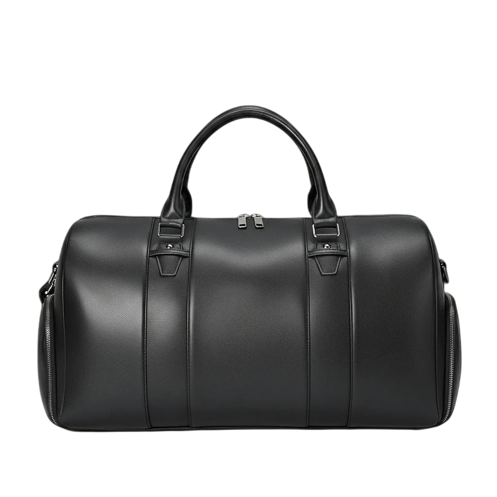 Black Full-Grain Leather Weekender Duffel with Shoe Compartment
