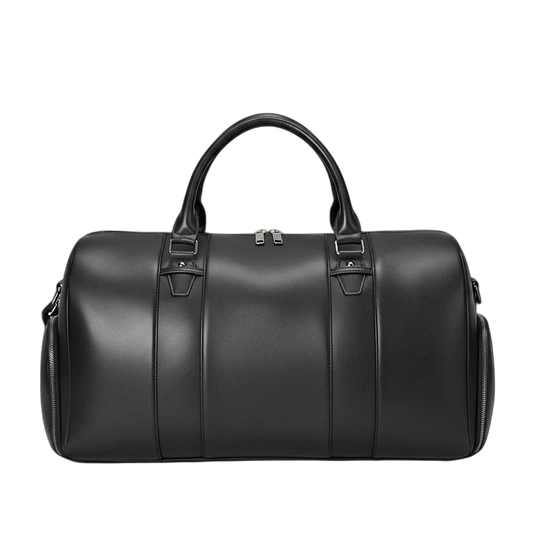 Black Full-Grain Leather Weekender Duffel with Shoe Compartment