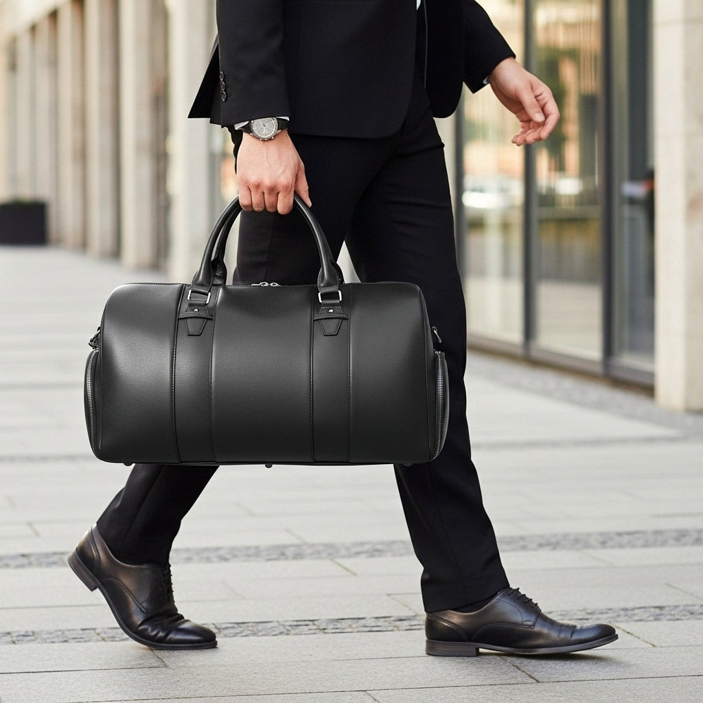 Full-Grain Black Leather Duffle Bag – Black Men’s Leather Duffle Bag – Walking City Scene with Business Attire