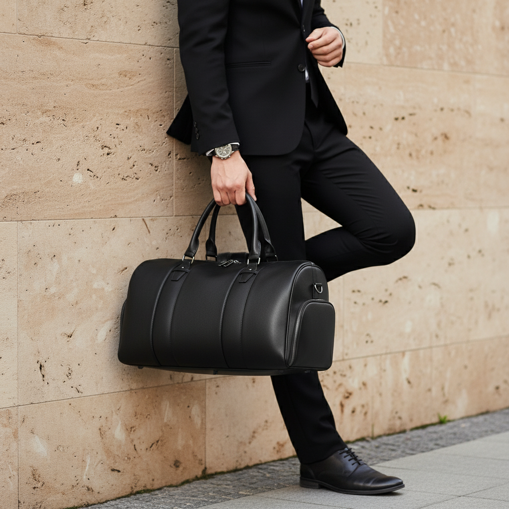 Full-Grain Black Leather Duffle Bag – Men’s Leather Duffle Bag Black – Carried by Man in Suit Leaning Against Wall