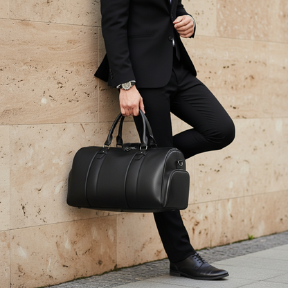 Full-Grain Black Leather Duffle Bag – Men’s Leather Duffle Bag Black – Carried by Man in Suit Leaning Against Wall