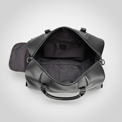 Full-Grain Black Leather Duffle Bag – Men’s Leather Travel Bag – Front Studio View with Zipper Detail