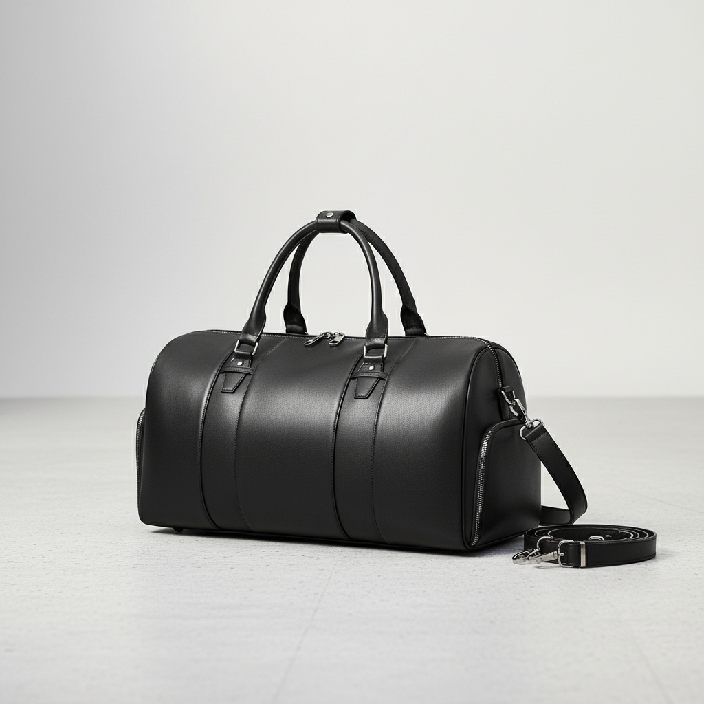 Full-Grain Black Leather Duffle Bag – Weekender with Shoe Compartment – Open Top View Showing Interior Space