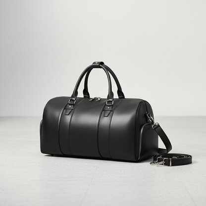 Full-Grain Black Leather Duffle Bag – Weekender with Shoe Compartment – Open Top View Showing Interior Space