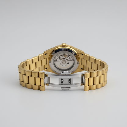 Gold watch with a visible mechanical movement on a light gray background