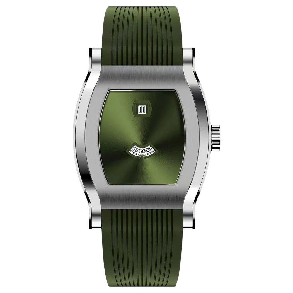 Green watch with silver case on a white background