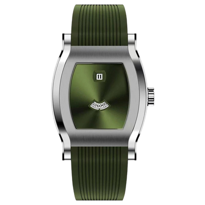 Green watch with silver case on a white background