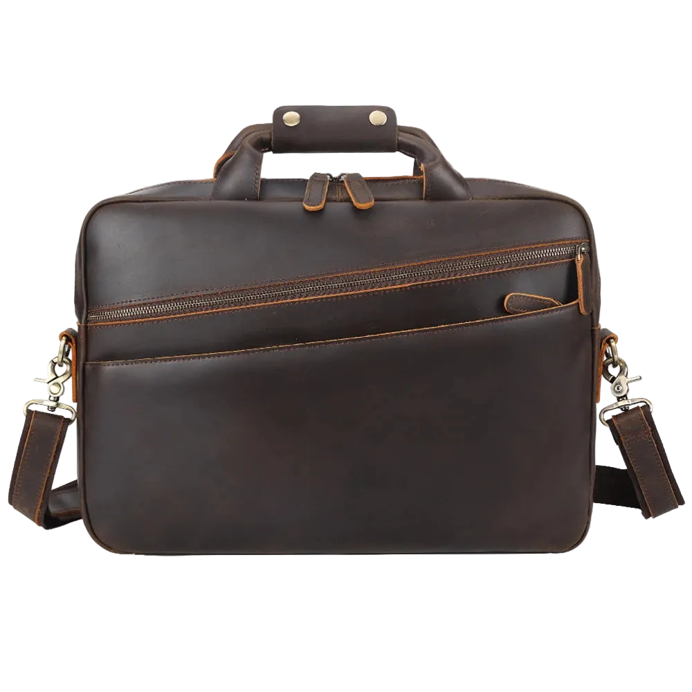 Men’s Leather Computer Briefcase — front view in dark brown with diagonal zip pocket